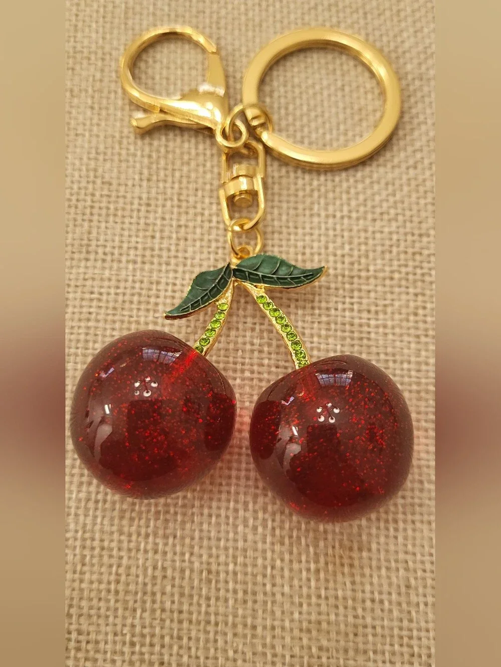 Gold-Tone Red Cherry Keychain with Green Accents